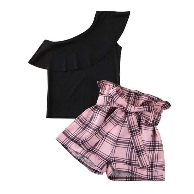 Girls One Shoulder Ruffles Top with Plaid Print Bow Shorts 2 Piece Outfit (shoes and sunglasses not included)