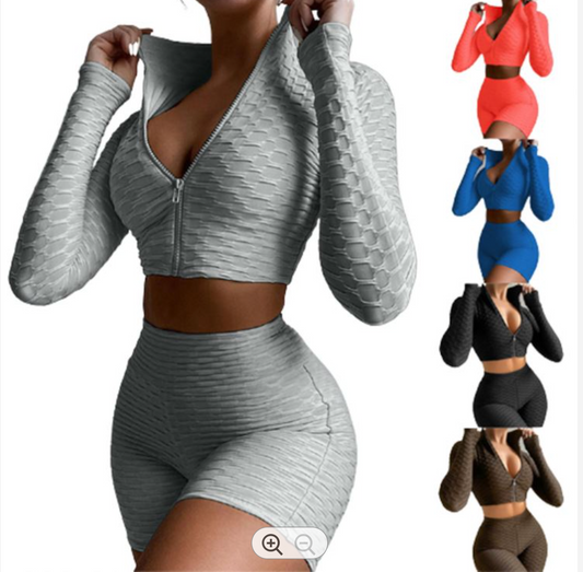 Long Sleeve Solid Color Fitness 2 Piece Suit
