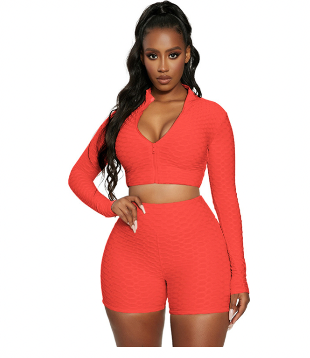 Long Sleeve Solid Color Fitness 2 Piece Suit