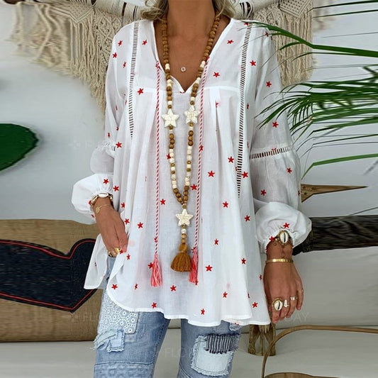 Womens Star Print Hollow Out Long Sleeve Tunic Blouse