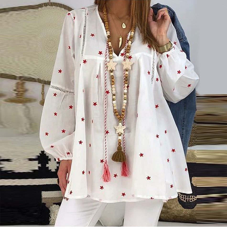 Womens Star Print Hollow Out Long Sleeve Tunic Blouse