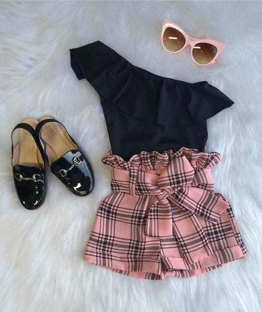 Girls One Shoulder Ruffles Top with Plaid Print Bow Shorts 2 Piece Outfit (shoes and sunglasses not included)
