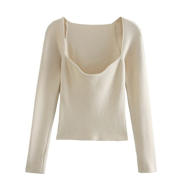 Womens Heart-Neck Knit Sweater