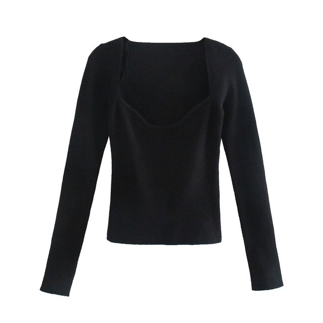 Womens Heart-Neck Knit Sweater