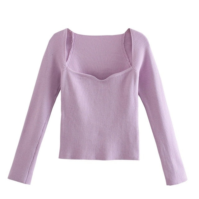 Womens Heart-Neck Knit Sweater