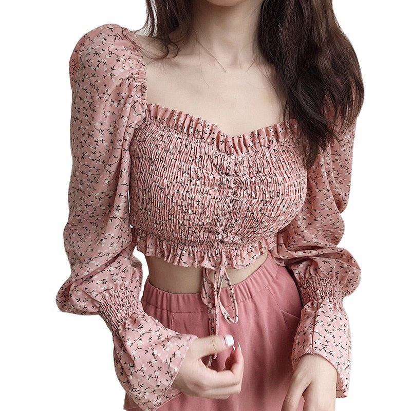 Womens Pleated Floral Print Chiffon Lace Up Blouse