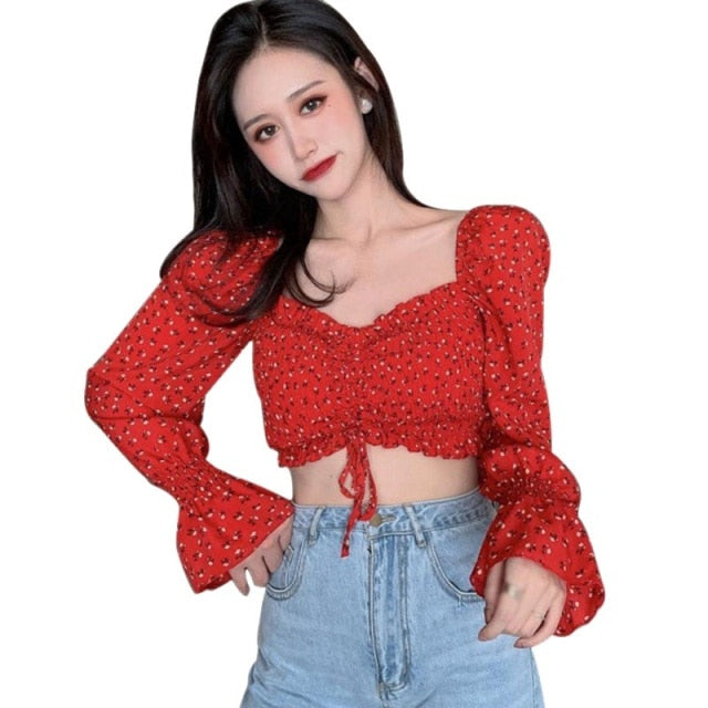 Womens Pleated Floral Print Chiffon Lace Up Blouse