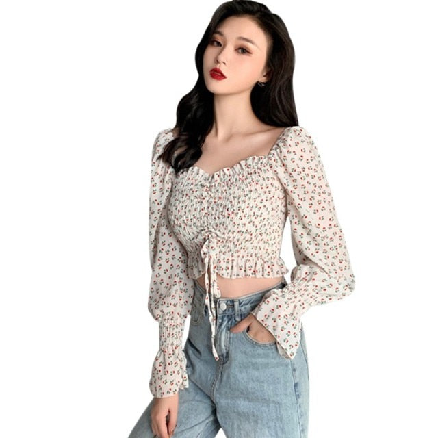 Womens Pleated Floral Print Chiffon Lace Up Blouse