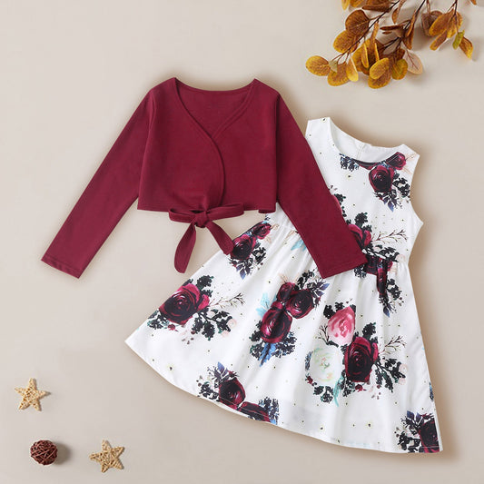 Girls Floral Print Holiday Dress with Shaw