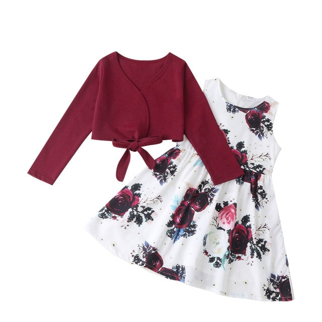 Girls Floral Print Holiday Dress with Shaw