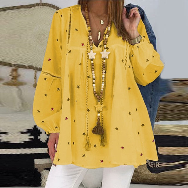 Womens Star Print Hollow Out Long Sleeve Tunic Blouse